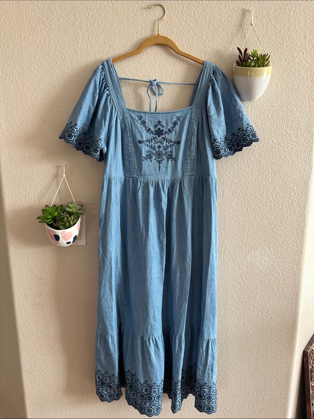 Old Navy Denim Chambray Eyelet Babydoll Short Sleeve Midi Dress Large